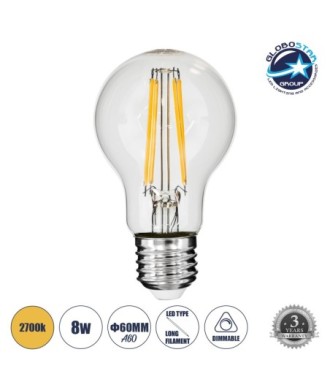 GLOBOSTAR® GLOBE 99007 Λάμπα E27 A60 LED 8W 800lm 360° AC 220-240V IP20 Θερμό Λευκό 2700K Dimmable - Long Filament Chip - Διάφανο - Μ6 x Π6 x Υ10.5cm - 3 Χρόνια Εγγύηση